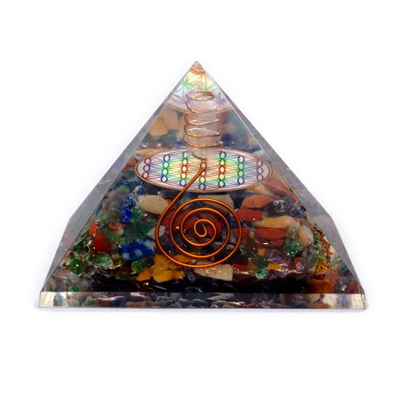 Pyramide de Fleur de vie colorée avec pointe de Cristal