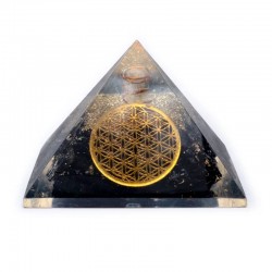 Pyramide - Orgonite - Tourmaline Noire & Pointe en Cristal de Roche - Fleur de Vie